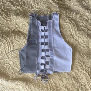 Two toned mesh lace up crop top